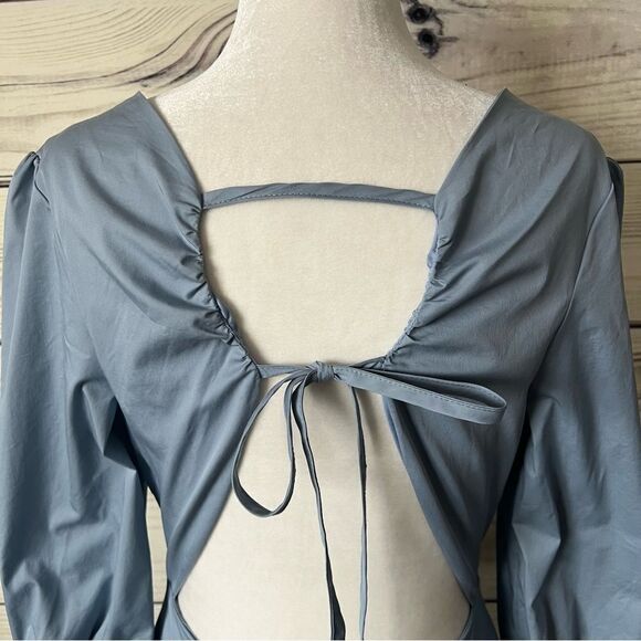 Lulus Dusty Blue Open Back V Neck A-Line Mini Dress - Picture 11 of 13